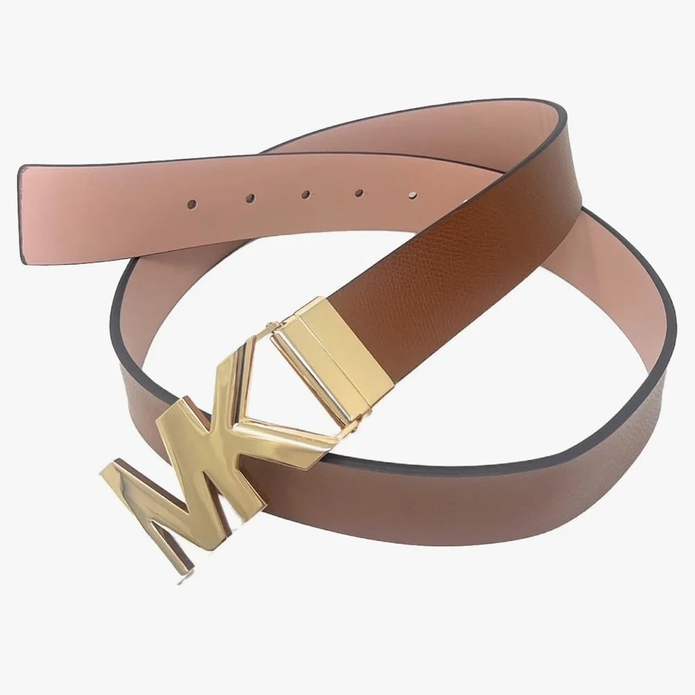 Michael Kors Reversible Gold MK Logo Belt Brown/Pink